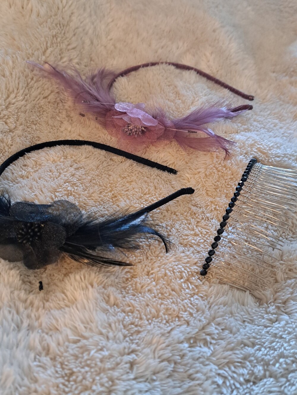 Purple And Black Feather Floral Headband & Black Bead Hair Comb